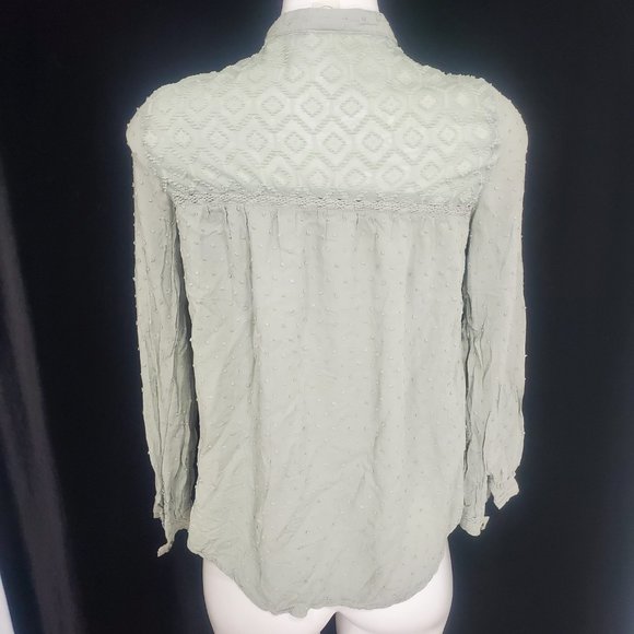 Paper & Crane Dot Fabric and Lace Button Up Blouse Sage Green Long Sleeve Sz. S - Picture 9 of 14